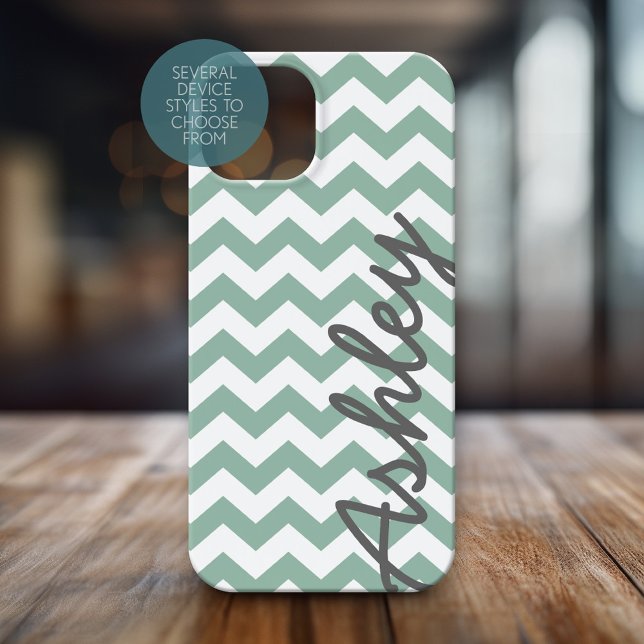 Trendy Zickzack Pattern script name - mint grau Case-Mate iPhone Hülle (Personalized Phone Case with Chevrons and Custom Name)
