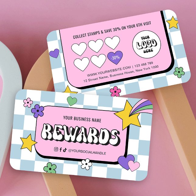 Treny Groovy Logo Retro Girly Friseursalon Treuekarte (Cute retro business rewards cards in a groovy style and space for your logo)