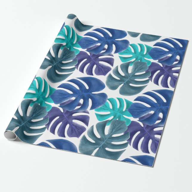 Treny Tropical Royal Blue & Aqua Monstera Blätter Geschenkpapier (Ungerollt)