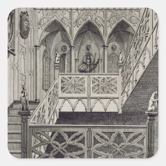 Treppe auf Strawberry Hill, graviert von J. Newto Quadratischer Aufkleber (Vorderseite)