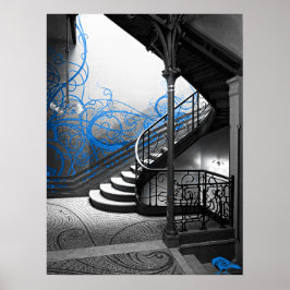 Treppe schwarz-weiß Art Déco mit Blau Poster