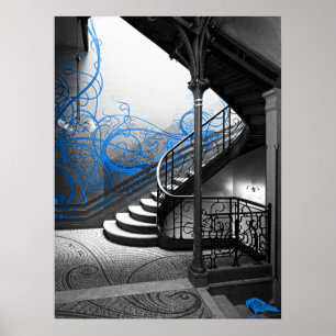 Treppe schwarz-weiß Art Déco mit Blau Poster