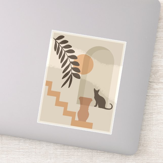 Treppen-Blatt-Vase Katze, Boho-Abstract-Geometrisc Aufkleber (Detail)