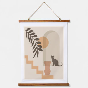 Treppen-Blatt-Vase Katze, Boho-Abstract-Geometrisc Wandteppich Mit Holzrahmen