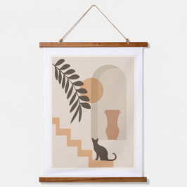 Treppen-Blatt-Vase Katze, Boho-Abstract-Geometrisc Wandteppich Mit Holzrahmen