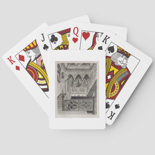 Treppenhaus am Erdbeerhügel, graviert von J. Newto Spielkarten (Rückseite)