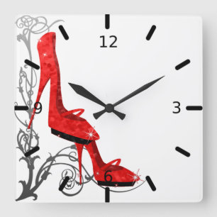 Tres Chic Red High Heels Art Nouveau Design Quadratische Wanduhr