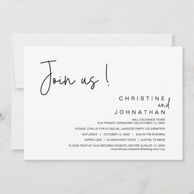 Treten Sie uns bei, Hochzeitsessen, Party, Tanzen Einladung (Vorderseite)