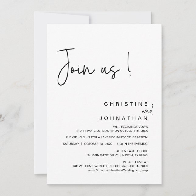 Treten Sie uns bei, Hochzeitsessen, Party, Tanzen Einladung (Vorderseite)