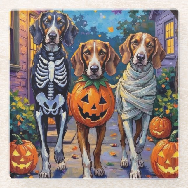 Treten Walker Coonhound in Halloween-Kostümen Glasuntersetzer (Vorderseite)