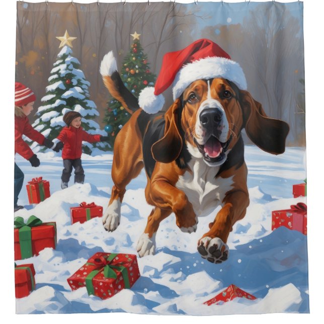 Treten Walker Coonhound Schnee mit Weihnachtshut Duschvorhang (Vorderseite)