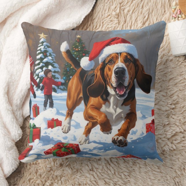 Treten Walker Coonhound Schnee mit Weihnachtshut Kissen (Decke)