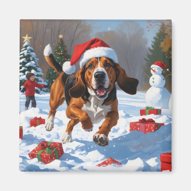 Treten Walker Coonhound Schnee mit Weihnachtshut Magnet (Vorne)