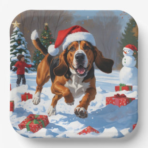 Treten Walker Coonhound Schnee mit Weihnachtshut Pappteller