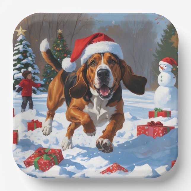 Treten Walker Coonhound Schnee mit Weihnachtshut Pappteller (Vorderseite)