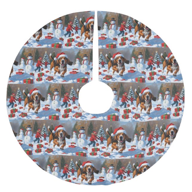 Treten Walker Coonhound Schnee mit Weihnachtshut Polyester Weihnachtsbaumdecke (Vorderseite)