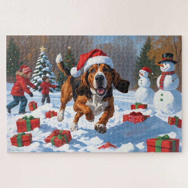 Treten Walker Coonhound Schnee mit Weihnachtshut Puzzle (Horizontal)