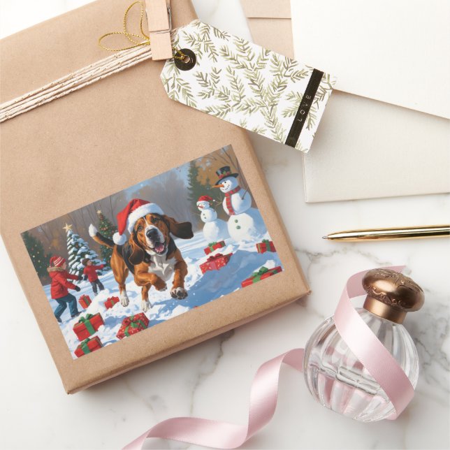 Treten Walker Coonhound Schnee mit Weihnachtshut Rechteckiger Aufkleber (Schenken)