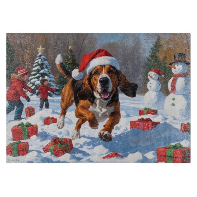 Treten Walker Coonhound Schnee mit Weihnachtshut Schneidebrett (Vorderseite)