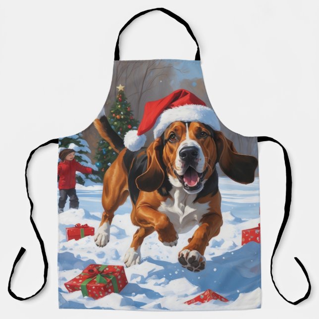 Treten Walker Coonhound Schnee mit Weihnachtshut Schürze (Vorderseite)