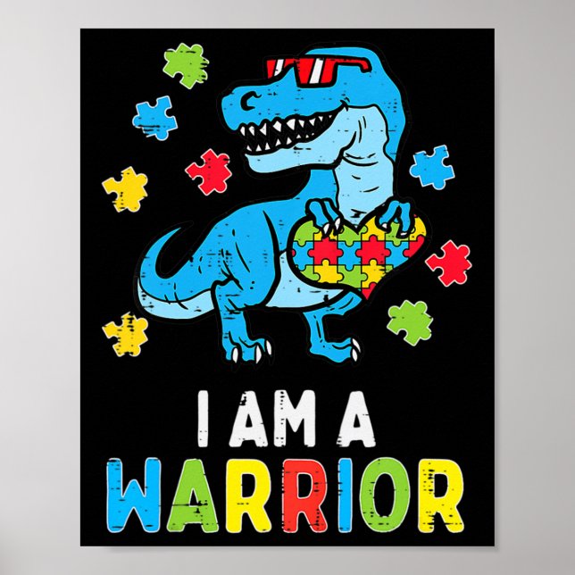Trex Dino Ich bin ein Krieger Kindermädchen Autism Poster (Vorne)