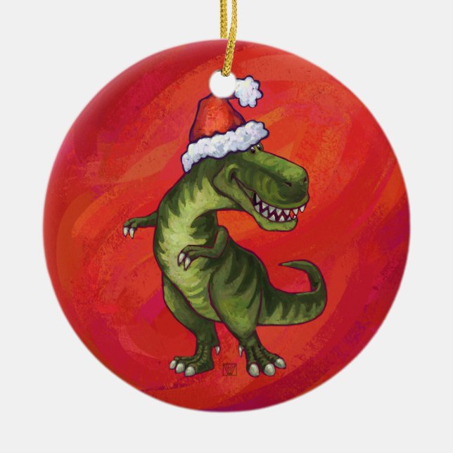 TRex Dino in der Weihnachtsmannmütze auf Rot Keramik Ornament (Vorne)