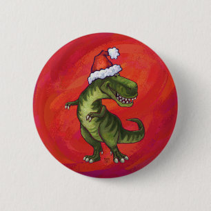 TRex Dino in Weihnachtsmannmütze auf Rot Button