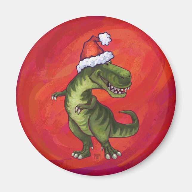 TRex Dino in Weihnachtsmannmütze auf Rot Magnet (Vorne)