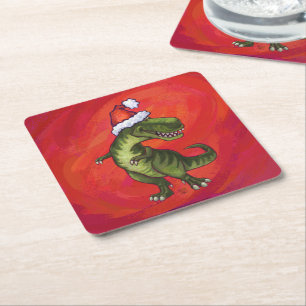 TRex Dino in Weihnachtsmannmütze auf Rot Rechteckiger Pappuntersetzer