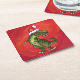TRex Dino in Weihnachtsmannmütze auf Rot Rechteckiger Pappuntersetzer