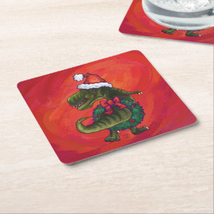 TRex Dino in Weihnachtsmannmütze auf Rot Rechteckiger Pappuntersetzer