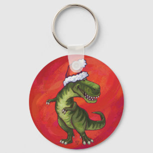 TRex Dino in Weihnachtsmannmütze auf Rot Schlüsselanhänger