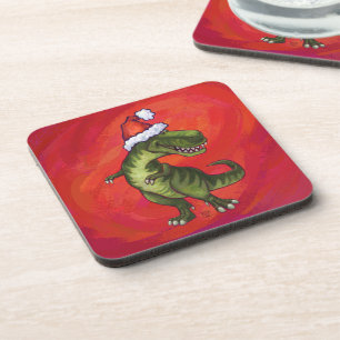 TRex Dino in Weihnachtsmannmütze auf Rot Untersetzer