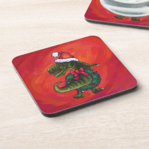 TRex Dino in Weihnachtsmannmütze auf Rot Untersetzer