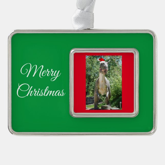 TREX Dinosaurier mit einem Santa Claus-Hut Rahmen-Ornament Silber (Vorderseite)