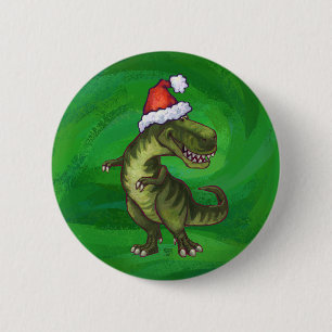 TRex in Weihnachtsmannmütze auf Grün Button