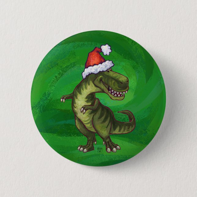 TRex in Weihnachtsmannmütze auf Grün Button (Vorderseite)