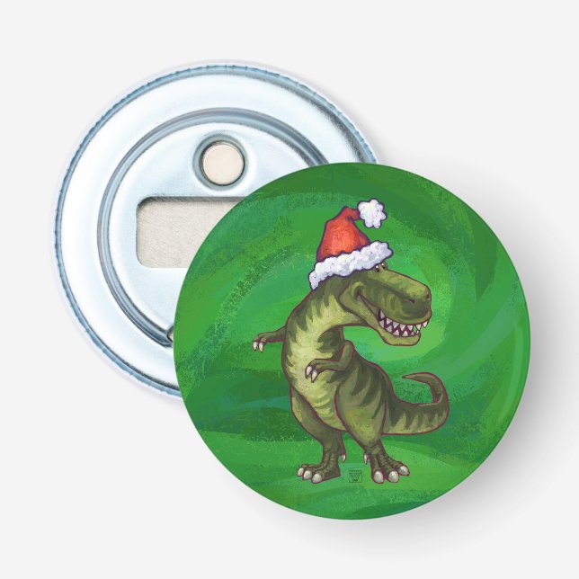 TRex in Weihnachtsmannmütze auf Grün Flaschenöffner (Vorderseite)