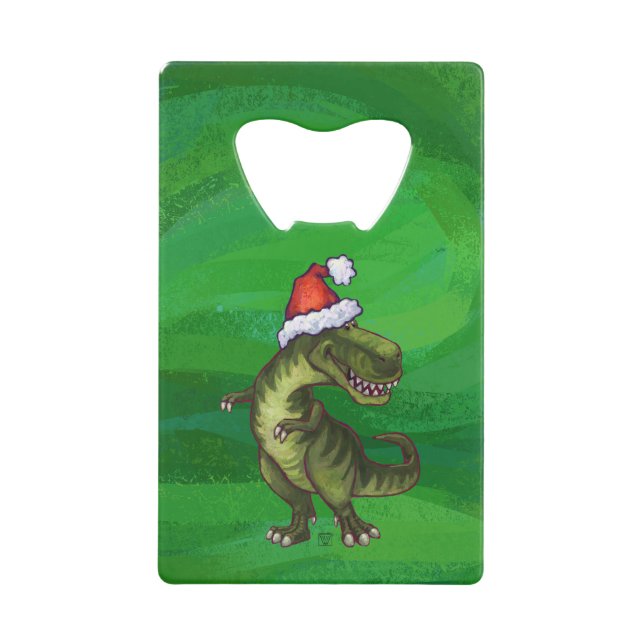 TRex in Weihnachtsmannmütze auf Grün Geldkarten Flaschenöffner (Vorderseite)