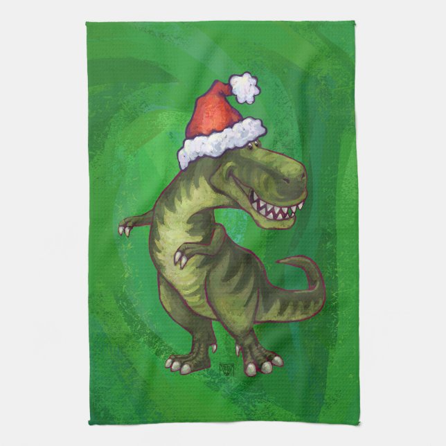 TRex in Weihnachtsmannmütze auf Grün Handtuch (Vertikal)