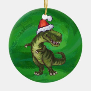 TRex in Weihnachtsmannmütze auf Grün Keramikornament