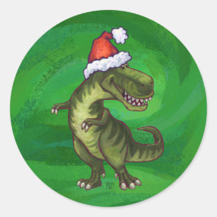 TRex in Weihnachtsmannmütze auf Grün Runder Aufkleber