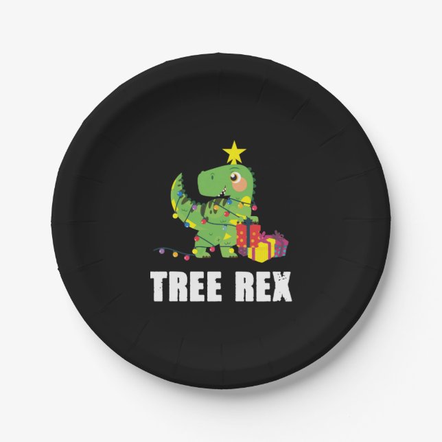 Trex mit Weihnachtsbällen - lustiger Dino-Baum Pappteller (Vorderseite)
