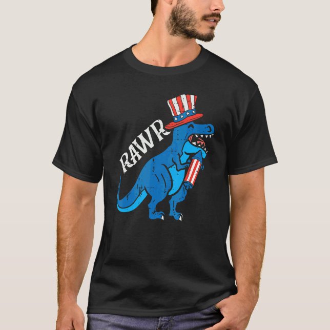 Trex Rawr US Flag Hat Firecracker Dino 4. Juli T-Shirt (Vorderseite)