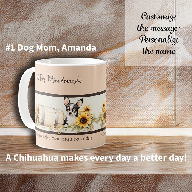 Tri-color Chihuahua Sonnenblume Aquarell Kaffeetasse (Tri-color Chihuahua Sunflower Watercolor Floral Coffee Mug. Personalize this custom mug.)
