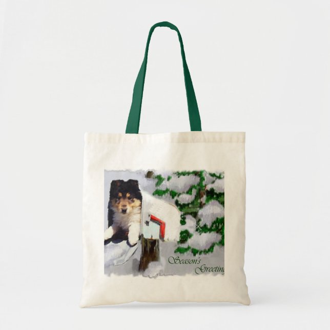 Tri-Color Collie Welpe Weihnachtsgeschenke Tragetasche (Vorne)