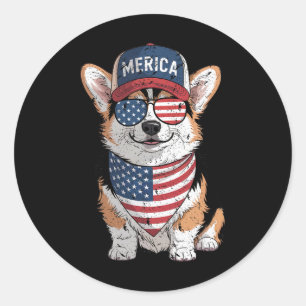 Tri Color Corgi 4. Juli US-amerikanischer Flaggen  Runder Aufkleber