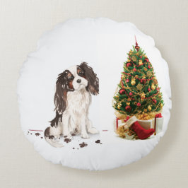 Tri-Color King Charles Spaniel Funny Christmas Dog Rundes Kissen