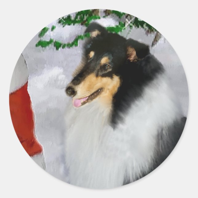 Tri-Color Rough Collie Weihnachtsgeschenke Runder Aufkleber (Vorderseite)