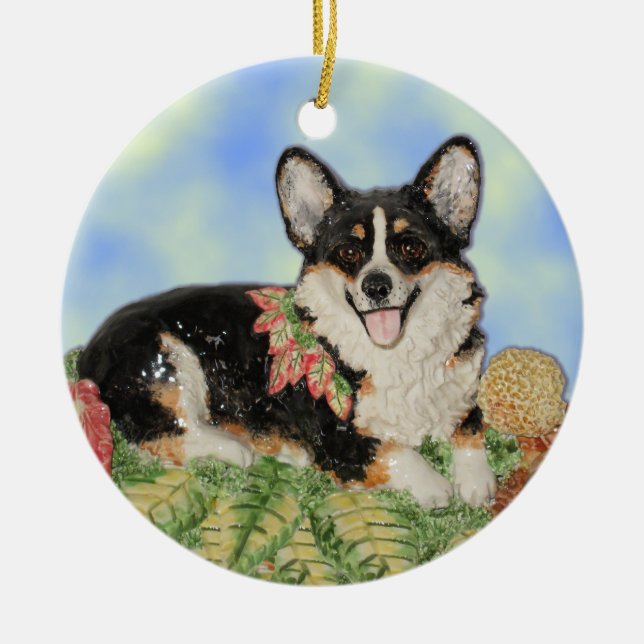 Tri Corgi im Herbstlaub - Corgi-Verzierung Keramik Ornament (Vorne)